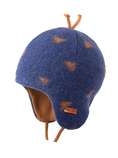 Gemusterte Kindermütze mit Ohrenklappen, blau-karamell