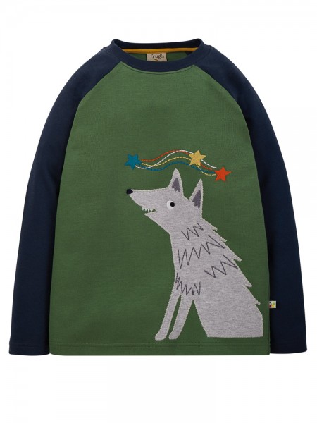 Pullover mit Wolf-Applikation, blau-grün von Frugi vorn